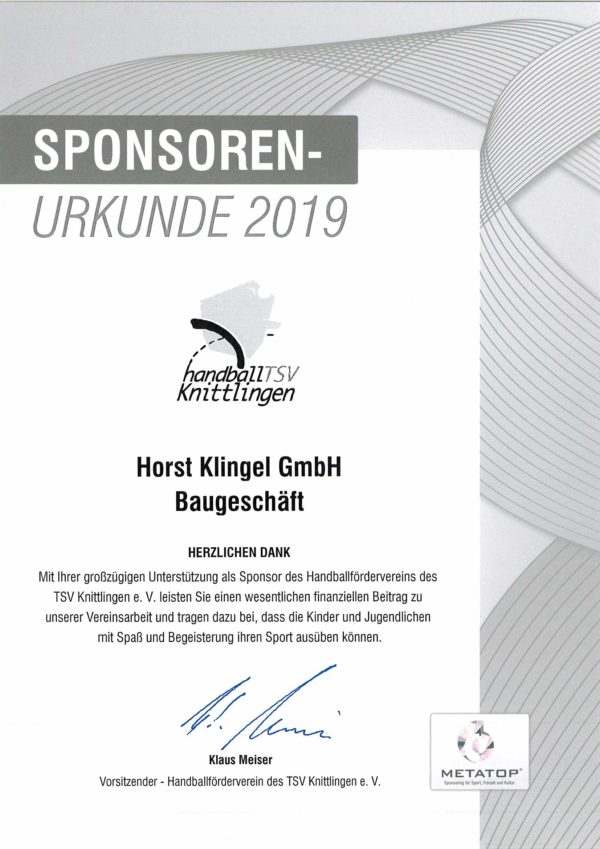 Sponsoren Urkunde TSV Knittlingen Handball 2019
